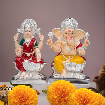 Placeables 99.9 Silver Plated Premium Ganesh  Laxmi Idol| Murti For Pooja Room 7 inch Set