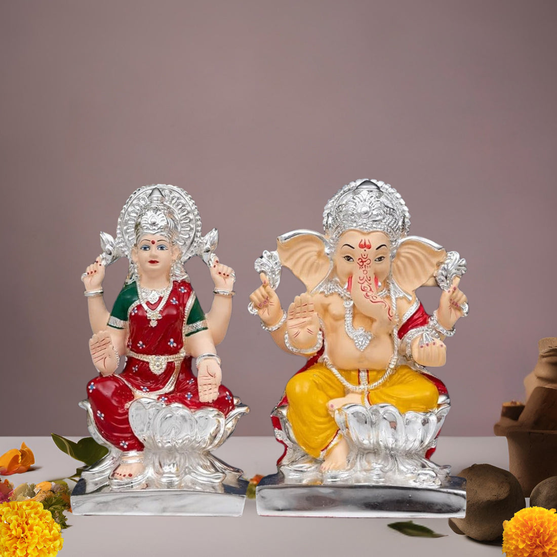 Placeables 99.9 Silver Plated Premium Ganesh  Laxmi Idol| Murti For Pooja Room 7 inch Set