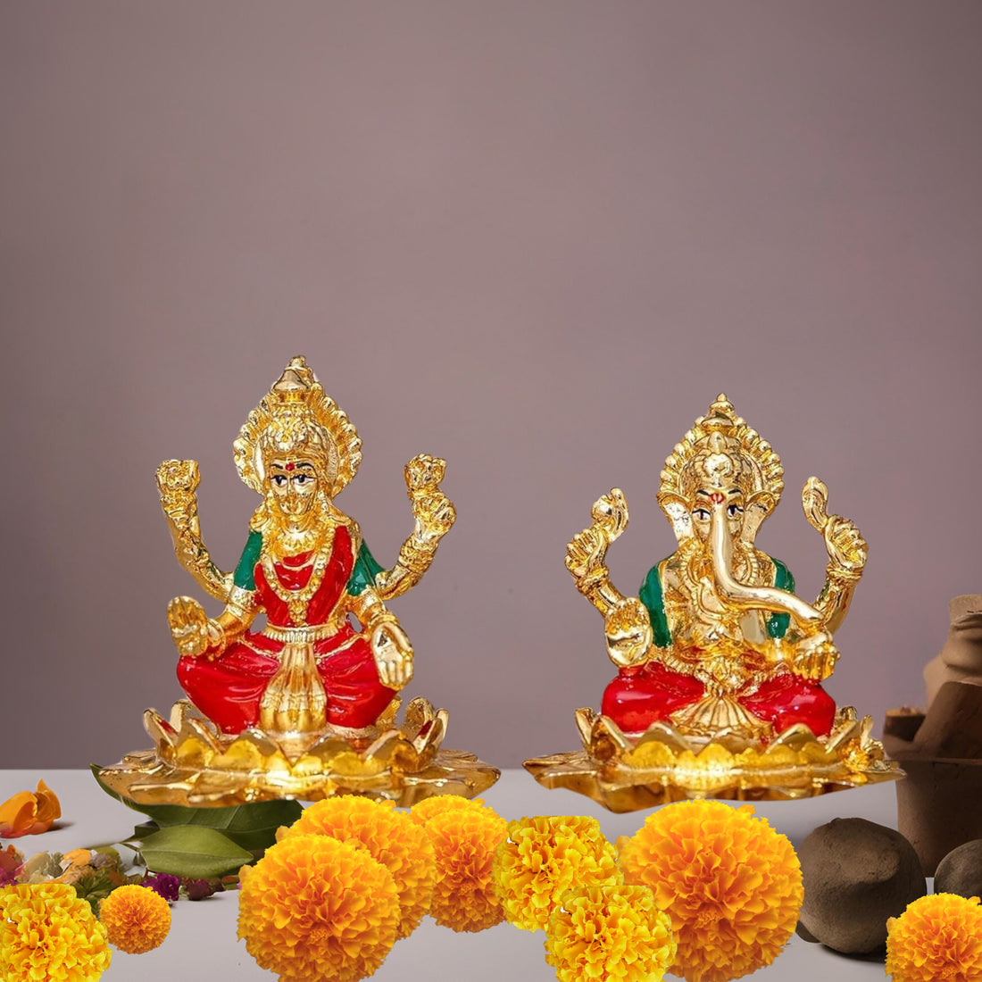 Placeables 24 Carat Pure Gold Plated Ganesh Laxmi idol | Murti 3 inch