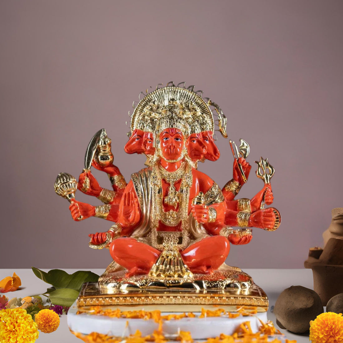 Placeables 24 Carat Pure Gold Plated Panchmukhi Hanuman idol | Murti For Pooja Room