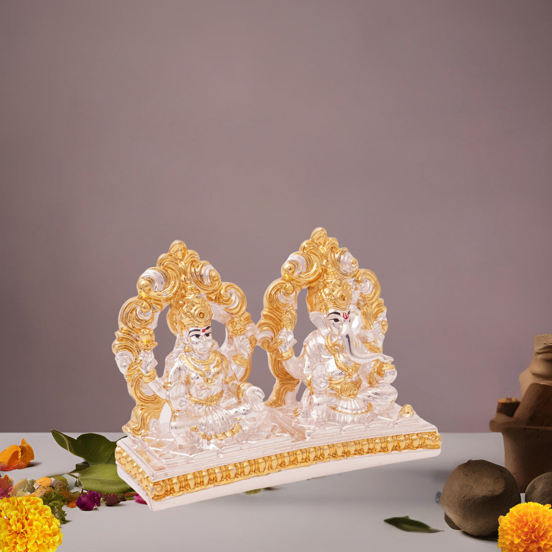 Placeables 24 Carat Pure Gold and 99.9 Silver Plated Ganesh Laxmi Idol | Murti 3.5 inch