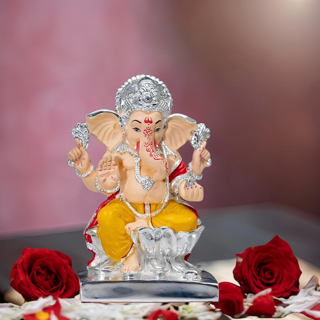 Placeables 99.9% Silver Plated Premium Ganesh  Idol| Murti For Pooja Room and Office 7 inch